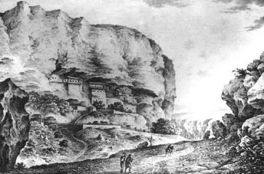 Ф. Гросс. «Успенский скит под Бахчисараем». Литография, 1830-е Ф. Гросс. «Успенский скит под Бахчисараем». Литография, 1830-е