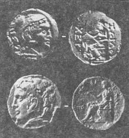 Монеты Херсонеса второй четверти III в. до н. э. с изображением Геракла и Партенос Монеты Херсонеса второй четверти III в. до н. э. с изображением Геракла и Партенос