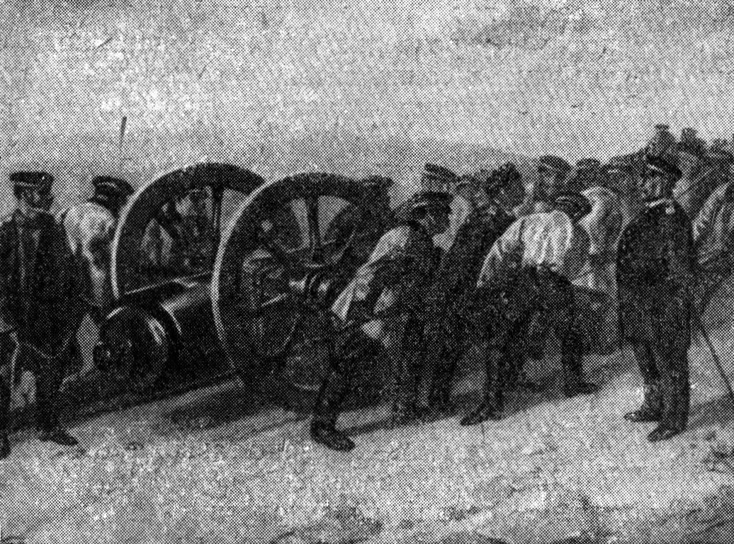 Перевозка морского орудия на сухопутное укрепление. С картины художника И. Прянишникова. Перевозка морского орудия на сухопутное укрепление. С картины художника И. Прянишникова.