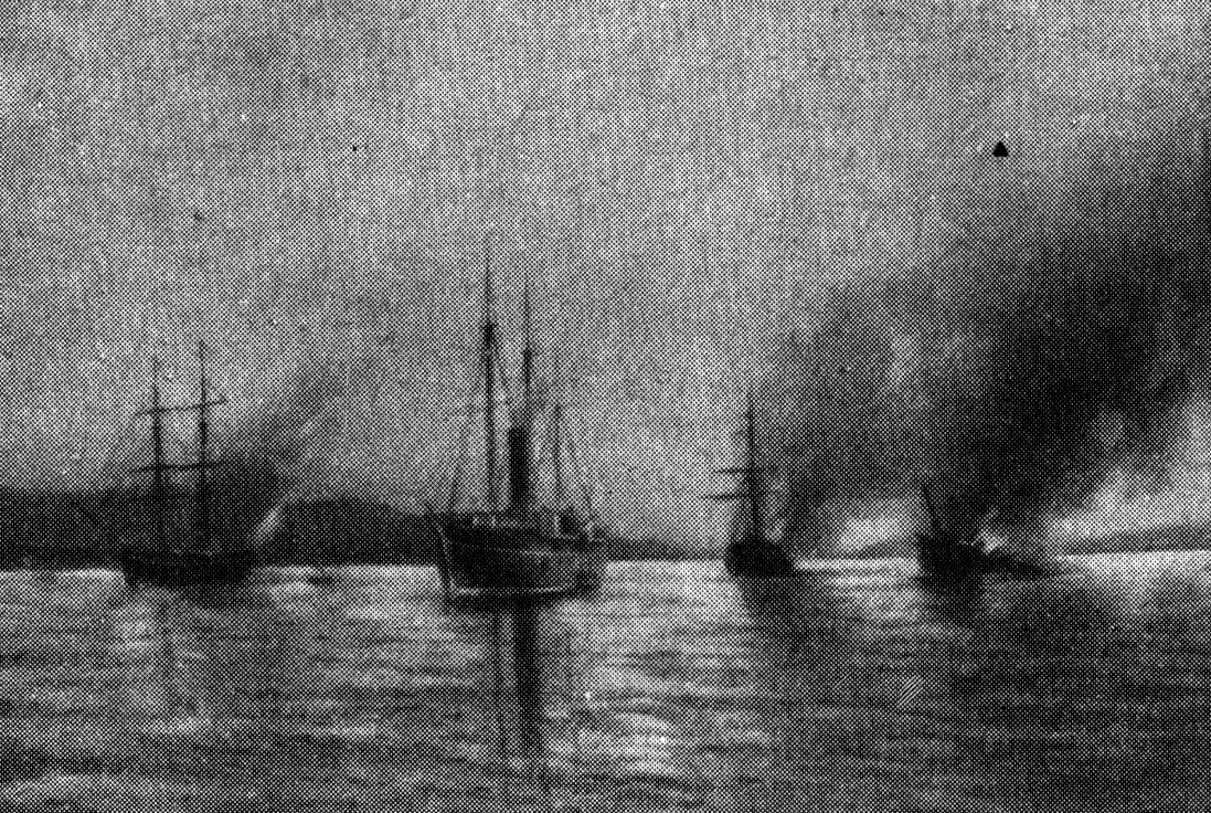Июнь 1877 г. Сожжение пароходом «Константин» трех турецких пароходов в Босфоре Июнь 1877 г. Сожжение пароходом «Константин» трех турецких пароходов в Босфоре